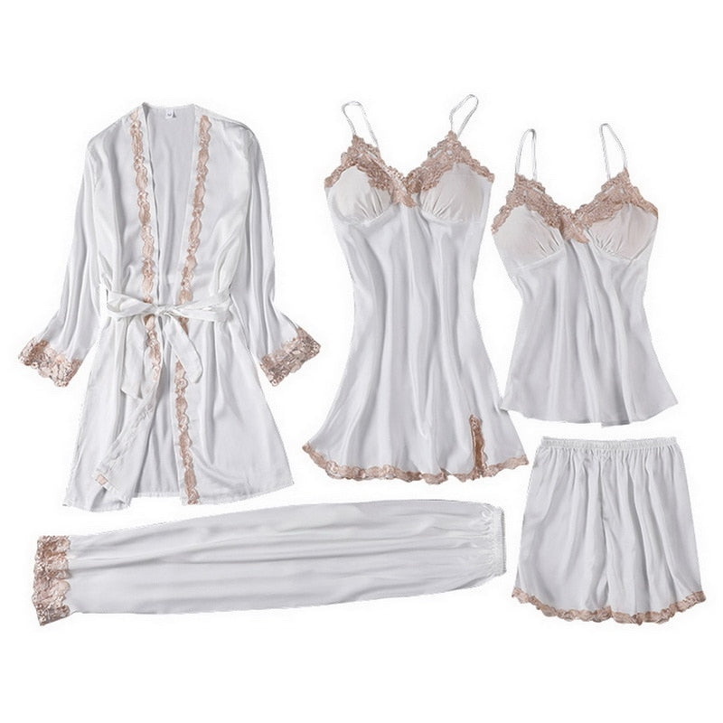 5pcs Silk Robe Set Women Lace Pajamas Gown Set V-Neck Nighties Wear Home Nightwear Pijama Sleepsuit Spring Nightdress