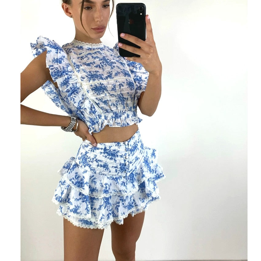 High Quality 2022 Sunday Set elastic waistband Cropped top with ruffle detail and cute ruffle mini shorts skirts - Executive-Skincare