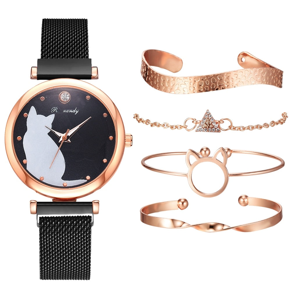 Fashion Watch Set Women 5pcs Quartz Wristwatch Mesh Bracelet Cat Dial Luxury Woman Watch Casual Ladies Clock Relogio Femenino - Executive-Skincare