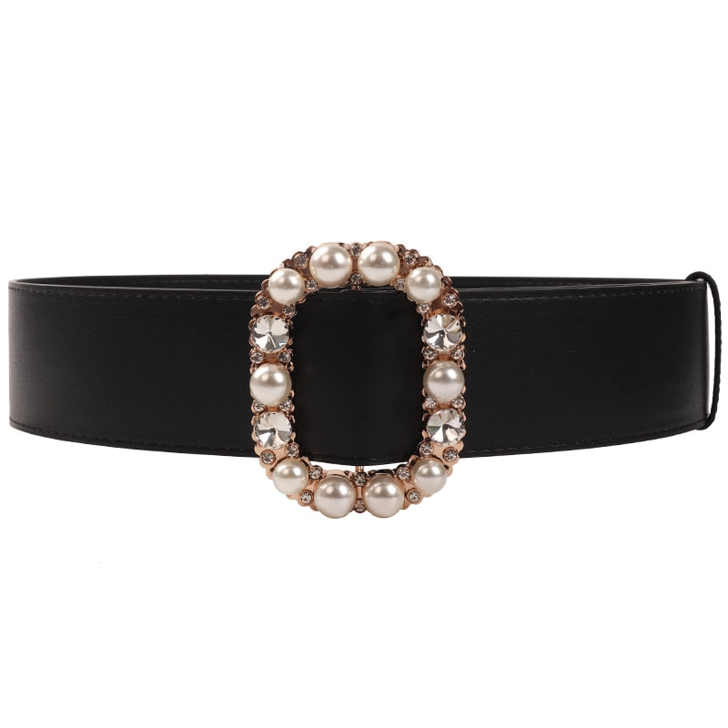 Luxury Crystal Pearl Gold Buckle Belts for Women HOT Wide Solid PU Leather Belt Black Dress Waistbands Lady Gifts No Pin Belt - Executive-Skincare