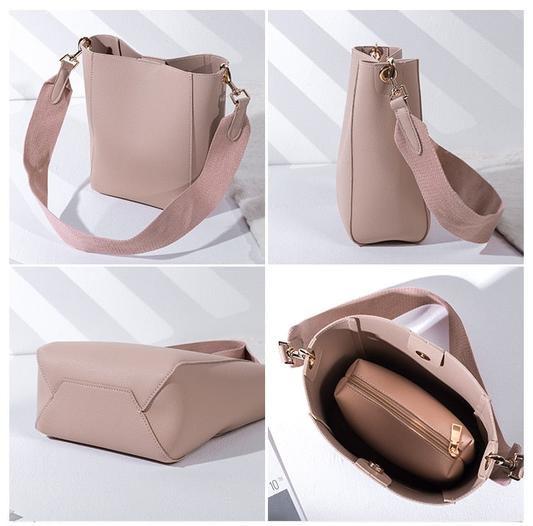 NIGEDU brand design bucket Shoulder bag for Women handbags PU leather messenger bags wide shoulder straps ladies big totes bolsa - Executive-Skincare