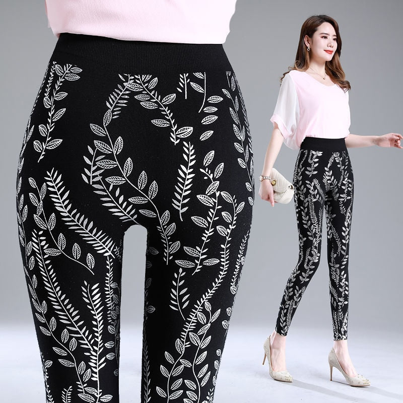 Autumn Winter Sequin Floral Women&#39;s Glitter Warm Velvet Leggings Pants High Waist Elastic Black Bottoms Pencil Trousers - Executive-Skincare