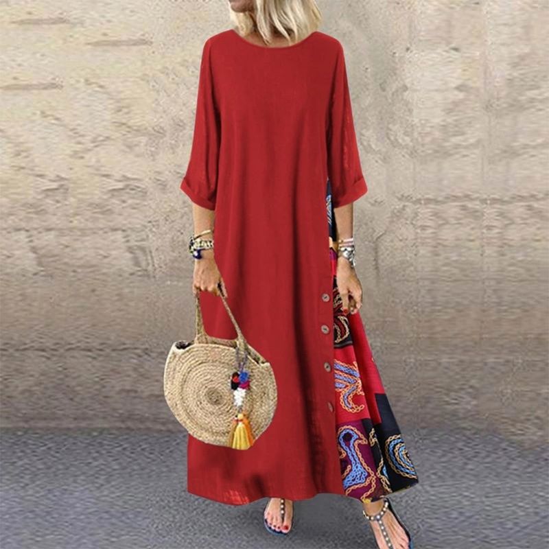 Maxi Dress For Women Elegant Chic Long Dresses Vintage Print Black Red Dress Mid Sleeve Casual O-Neck Streetwear Clothing Ladies - Executive-Skincare