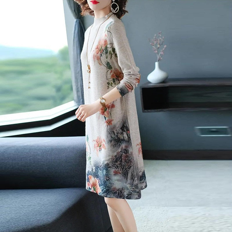 Vintage Elegant Floral Print Half High Collar Long Sleeve Ladies Dresses Autumn Women Fashion Loose Pullover Midi Dress Vestidos - Executive-Skincare