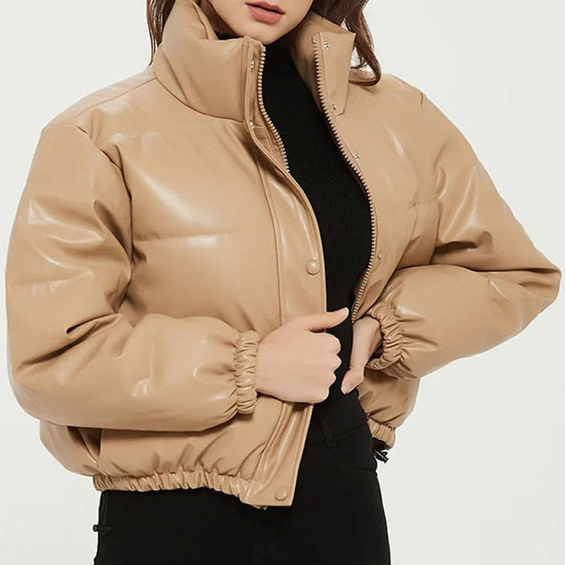 Zoki Winter Thick Women Short Parkas Warm Fashion PU Leather Coats Black Cotton Padded Female Down Jacket Elegant Zipper Clothes - Executive-Skincare