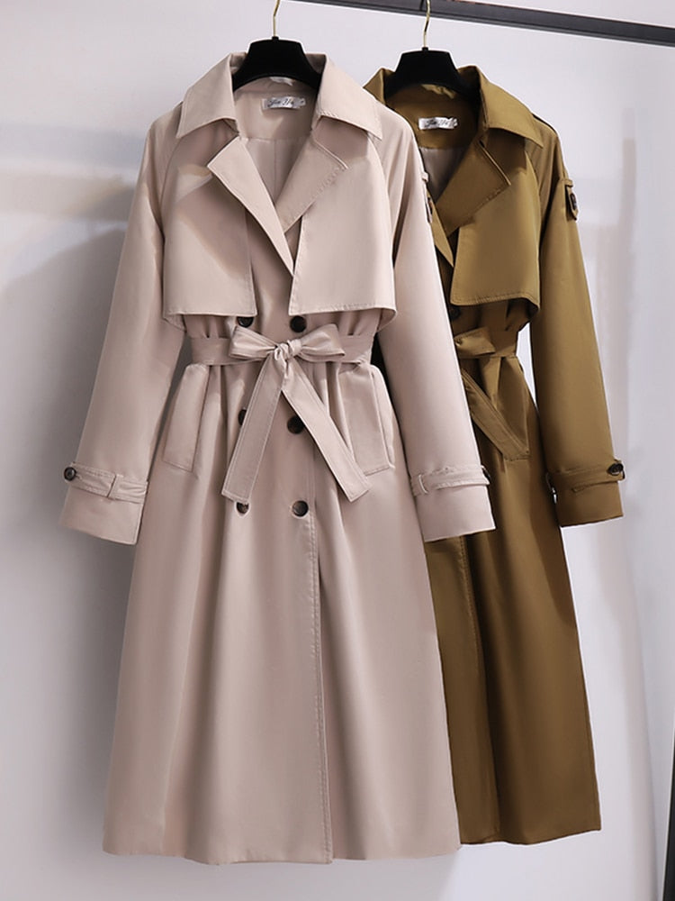 Ailegogo Casual Female Turndown Collar Loose Long Trench Coat Autumn Women Double Breasted Windbreaker with Belt Ladies Ouwear - Executive-Skincare