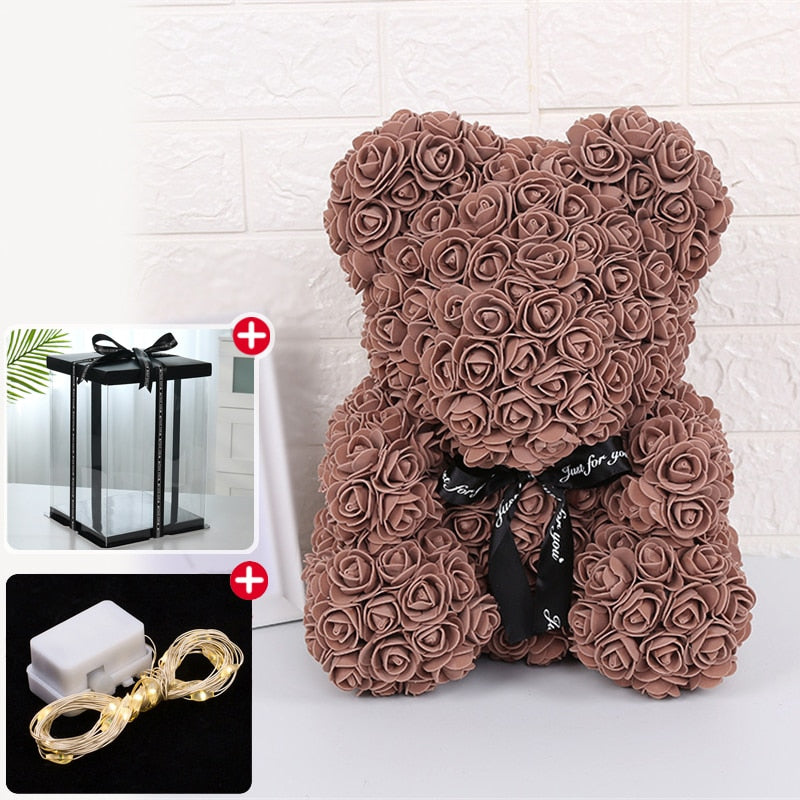 Rose Bear Artificial Flower With Box and Light Rose Teddy Bear Wedding Decor Christmas Women Valentines Girlfriend Birthday Gift - Executive-Skincare