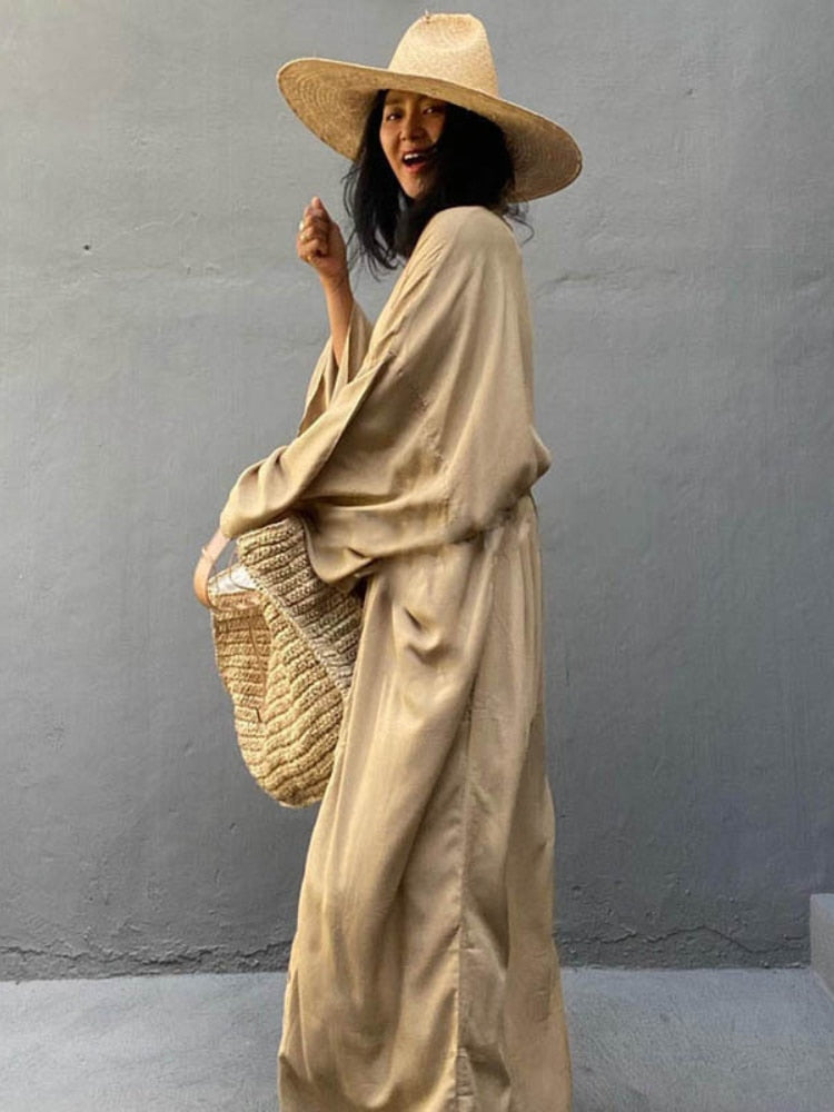 Solid Beach Cover Up Women Self Belted Wrap Kimono Dress Swimsuit 2022 New Robe Summer Beachwear Factory Supply - Executive-Skincare