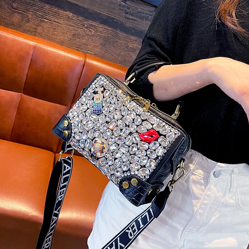 Genuine Leather Design Diamond Women&#39;s Bag 2022 Fashion Brand Female Handbags Small Square Shoulder Crossbody Bags Rhinestone - Executive-Skincare