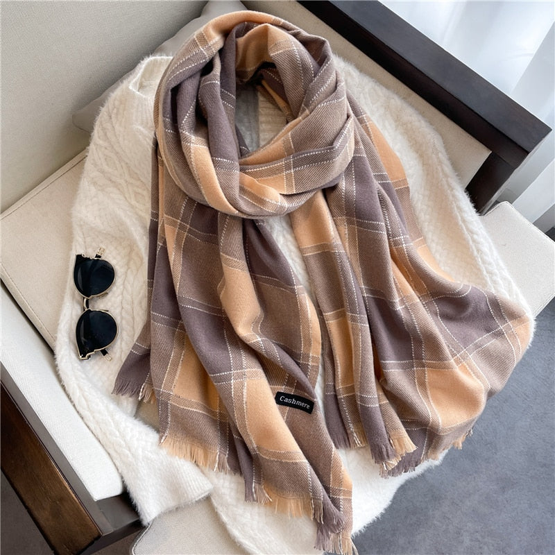 Luxury Plaid Scarf Winter Warm Cashmere Women Long Pashmina Foulard Female Scarves Lady Tassel Shawl Wraps 2022 Design New - Executive-Skincare