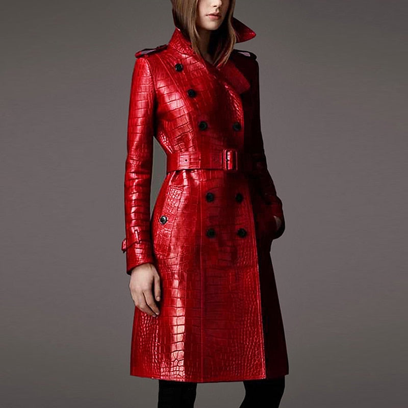 Lautaro Autumn Long Red Crocodile Print Leather Trench Coat for Women Belt Double Breasted Elegant British Style Fashion 2021 - Executive-Skincare