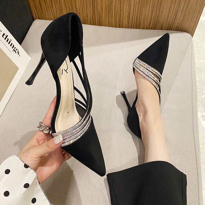 Women New Autumn Pumps Evening Party High Heels Ladies Pointed Toe Nude Leather Black Suede Gold Patent Leather Strappy 2022 - Executive-Skincare