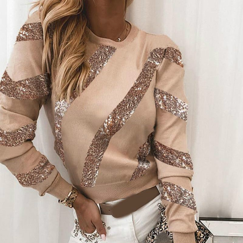 Elegant Autumn Women Sequins Shirts Long Sleeve Tops Khaki Casual Winter Pullovers Ladies Fashion Lace Patchwork Blusa M0107 - Executive-Skincare