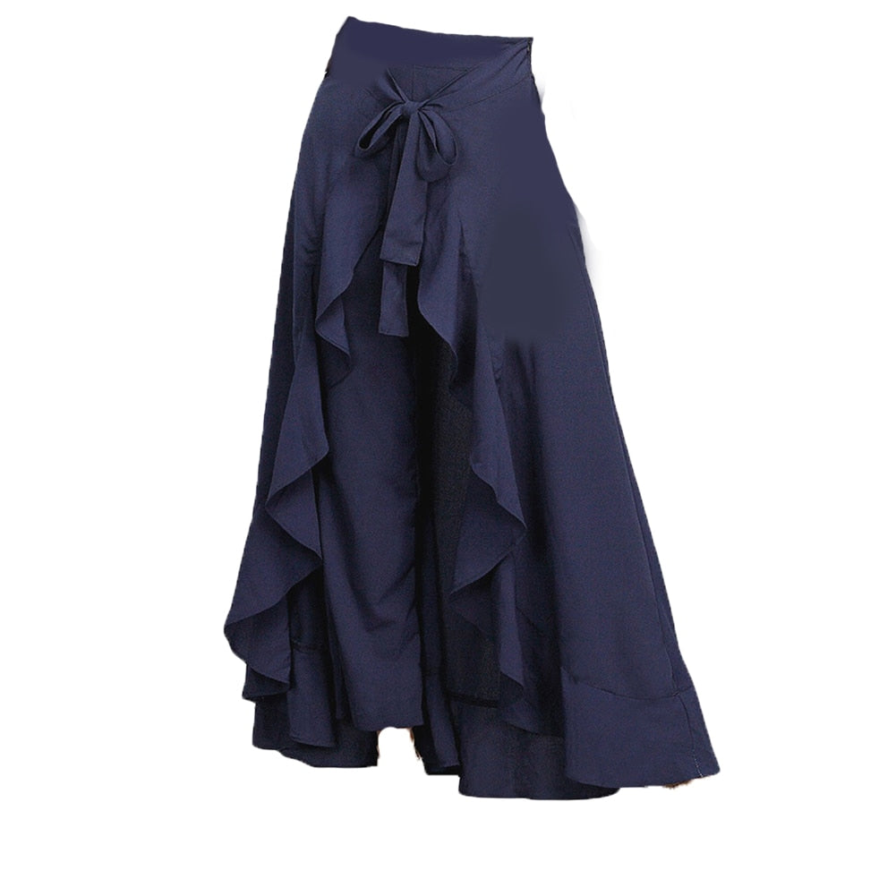 Women Palazzo Pants  Causal Ruffle Drawstring Trouser Elegant High Waist Irregular Loose Pure Color Autumn Female Pant Skirt - Executive Quality Store