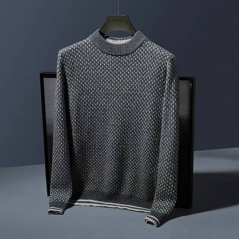 High grade color blocking trend jacquard round neck sweater for men&#39;s winter thick warm sweater comfortable soft pullover men - Executive-Skincare