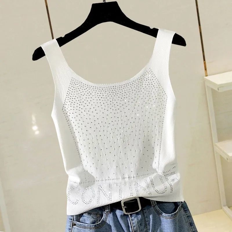 Small Women Summer Heavy Industry Hot Drill Vest Thin Ice Silk Knitted Bottomed Y2k Fashion Crop Tops Slim Mini Tank Tops - Executive-Skincare