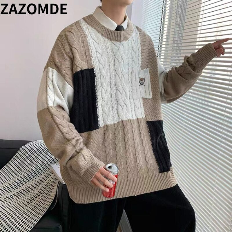 ZAZOMDE Winter Handsome Plaid Sweater Men Harajuku High Street Jumper Thick Warm Kintted Pullover Men Causal Patchwork Sweaters - Executive-Skincare