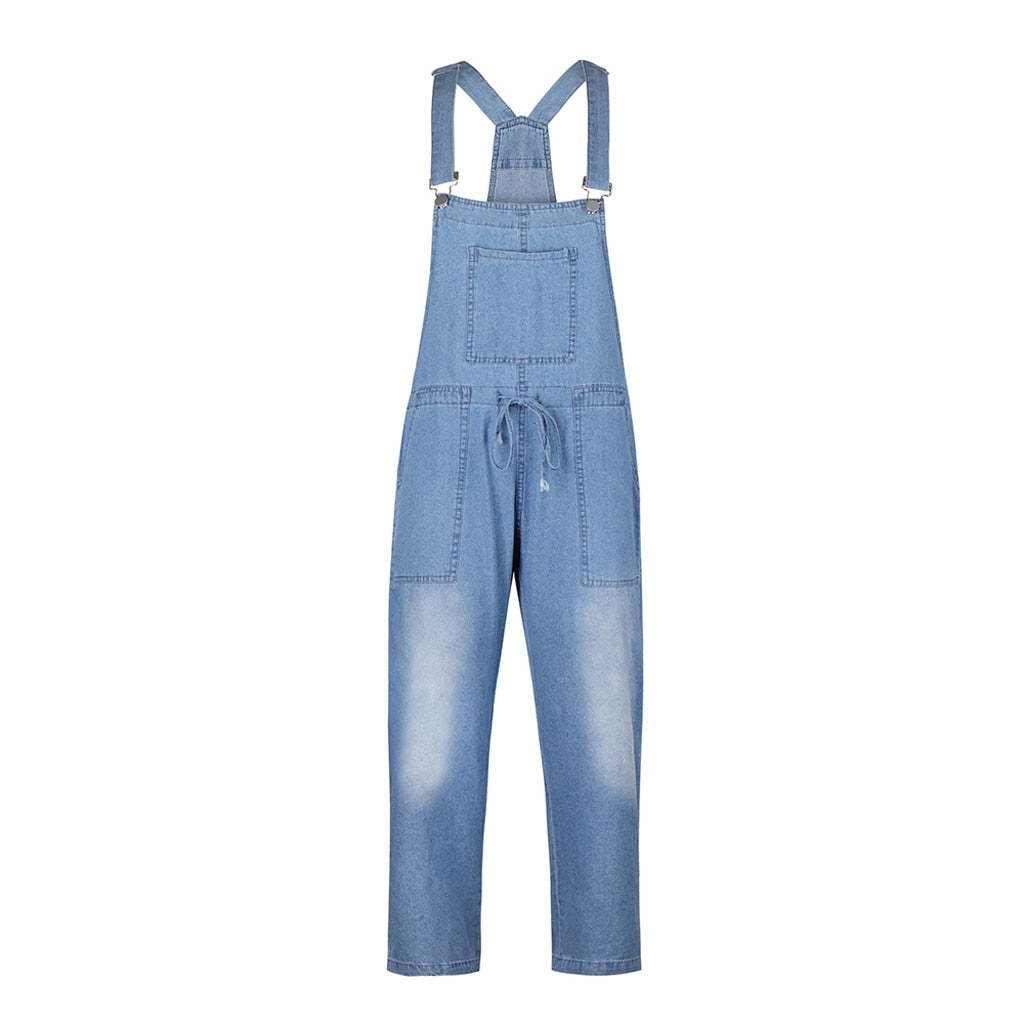 Spring Autumn Thin Loose Casual Womens Denim Jumpsuit Lace Up Elastic Waist Overalls Solid Color Wide Leg Trousers Bodysuit 6218 - Executive Quality Store