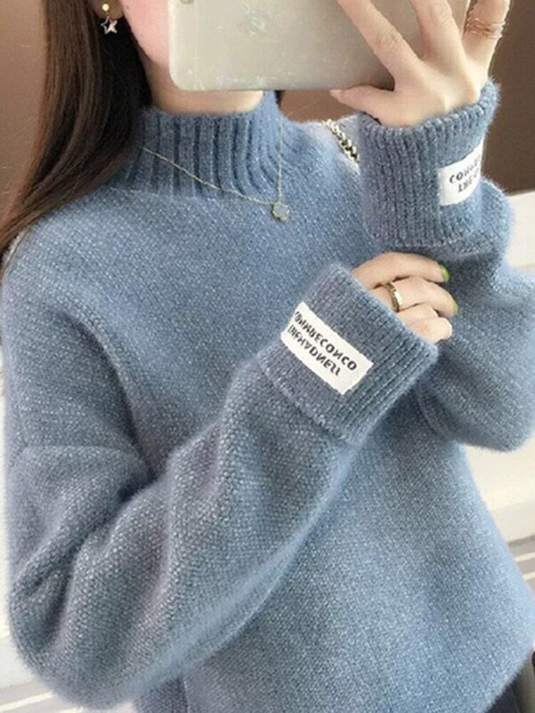 ZOKI Women Half Turtleneck Sweater Autumn Loose Wool Pullover Knitted Jumper Long Sleeve Letter Top Casual Warm Ladies Blouse - Executive-Skincare