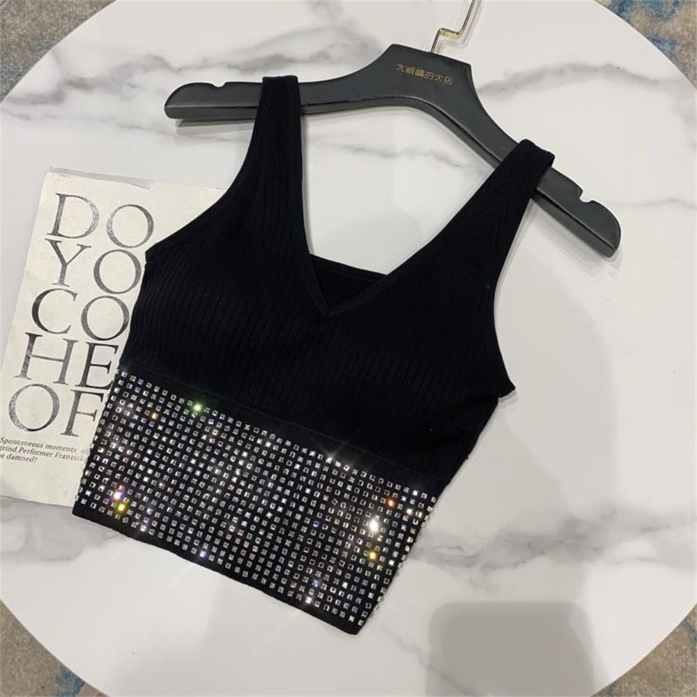 Summer Crop Top Women With Rhinestones O-neck Sleevelss Cropped Feminino Camisole Vest Sexy Knit Backness No Rims Tee Top Corset - Executive-Skincare