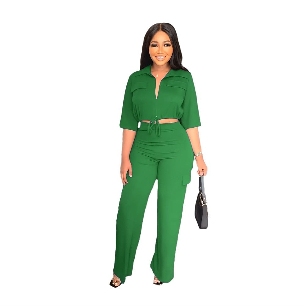 CM.YAYA Elegant Women&#39;s Set Half Sleeve Blouse and Straight Wide Leg Safari Pants Set Fashion Tracksuit Two 2 Piece Set Outfits - Executive-Skincare