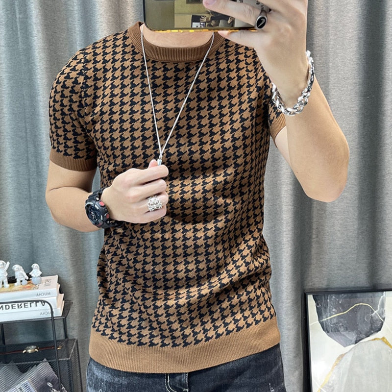 3 Color Short Sleeve Knitting T-Shirt Men Slim Streetwear Color Contrast T Shirt Men Tee Shirt Homme Social Club Outfits Tshirt - Executive-Skincare