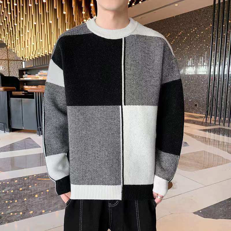 Autumn Winter New Fashion Temperament Patchwork Korean Sweaters Man Casual Loose Y2K Chic Male Tops Knitting Pullover Streetwear - Executive-Skincare