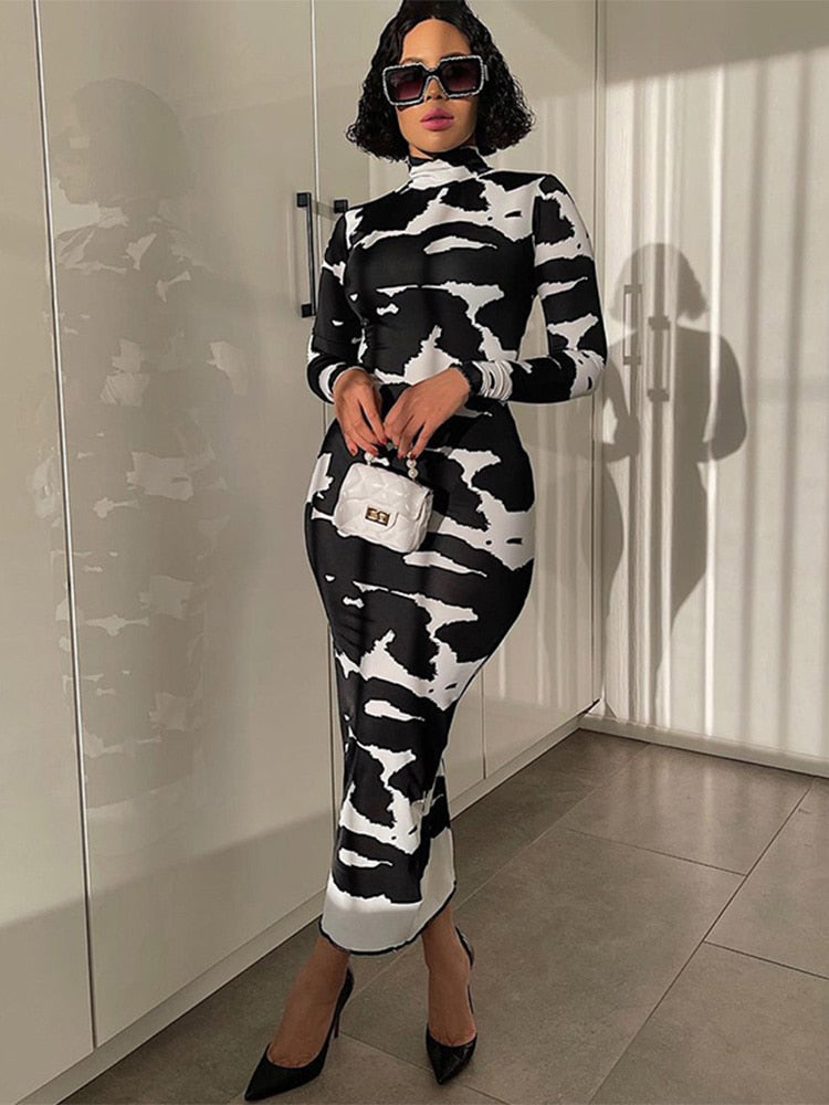 Hawthaw Women Fashion Autumn Long Sleeve Printed Bodycon Pencil Long Dress Streetwear 2021 Fall Clothes Wholesale Items - Executive-Skincare