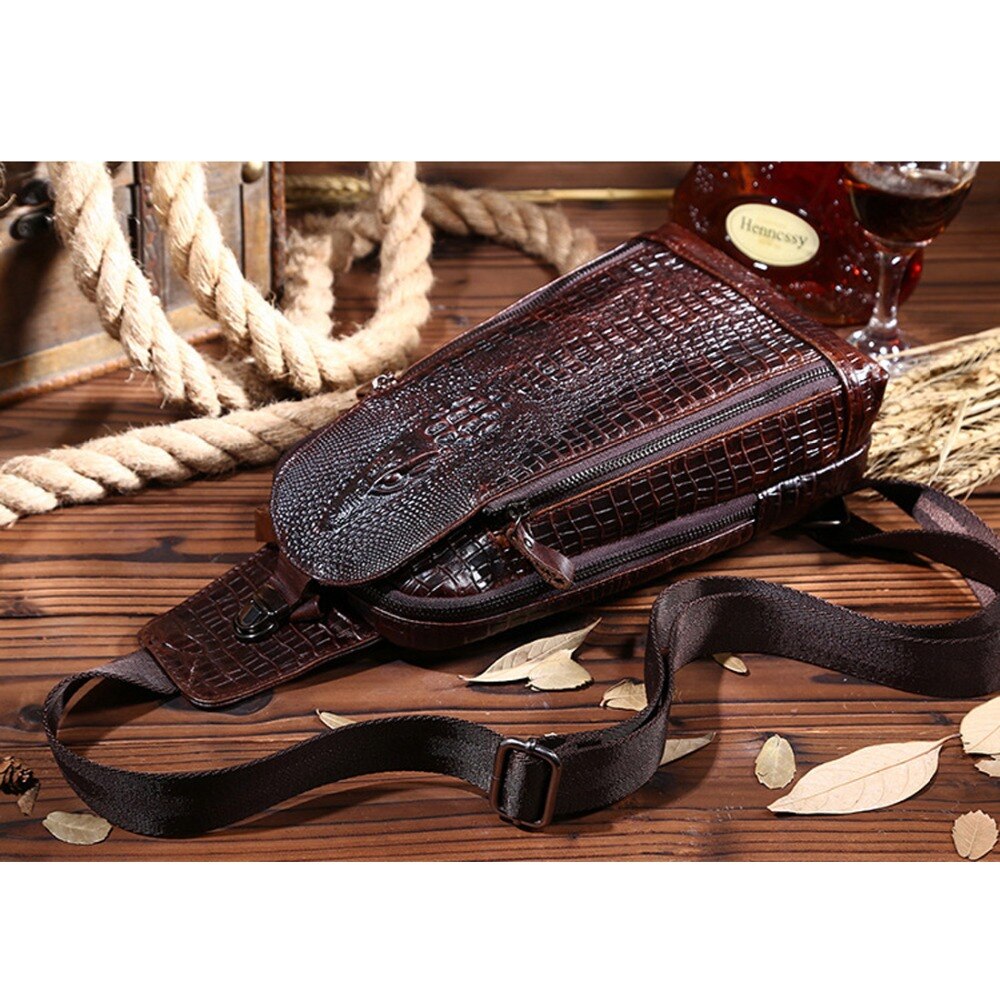 High Quality Real Leather Men Messenger Shoulder Cross body Bag Oil Wax Cowhide Travel Crocodile Pattern Sling Chest Back Pack - Executive-Skincare