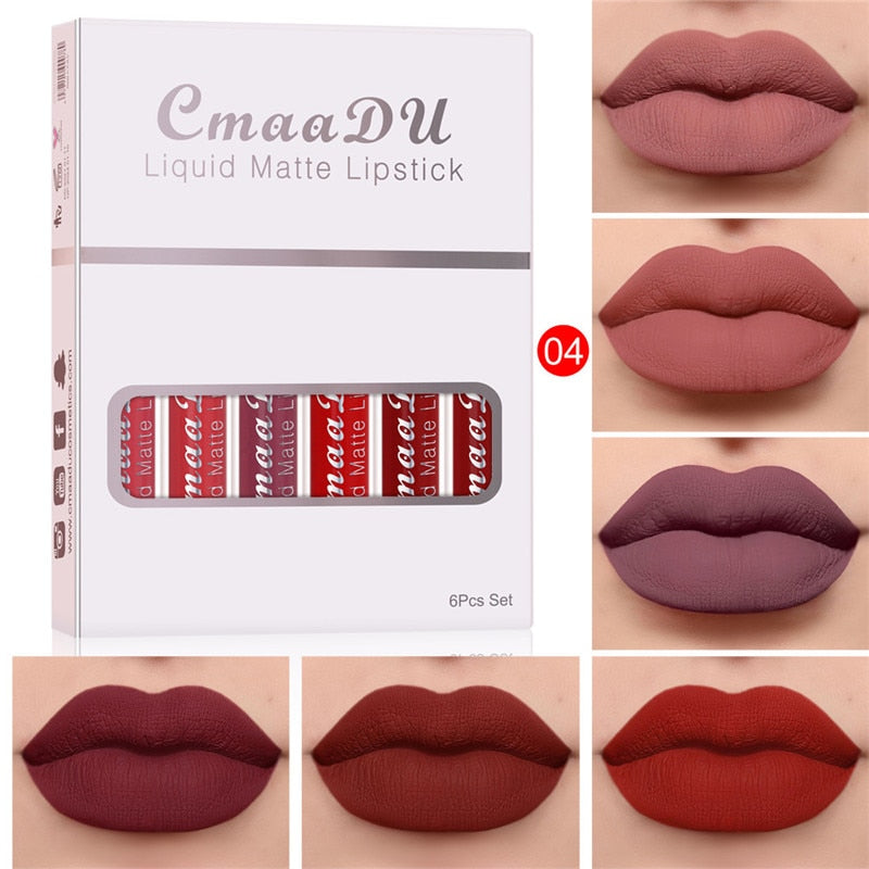 6 Colors/Set Fashion Matte Lip Gloss Sets Natural Moisturize Waterproof Lasting Velvet Sexy Red Liquid Lipstick Beauty Cosmetic - Executive-Skincare