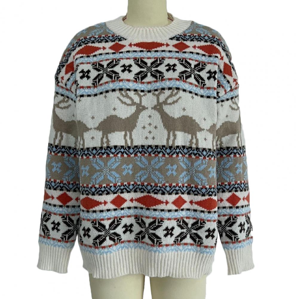 Christmas Jacquard Sweater Pullovers O-Neck Long Sleeve Ribbed Trim Reindeer Snowflake Striped Print Xmas Sweater Knitwear - Executive-Skincare