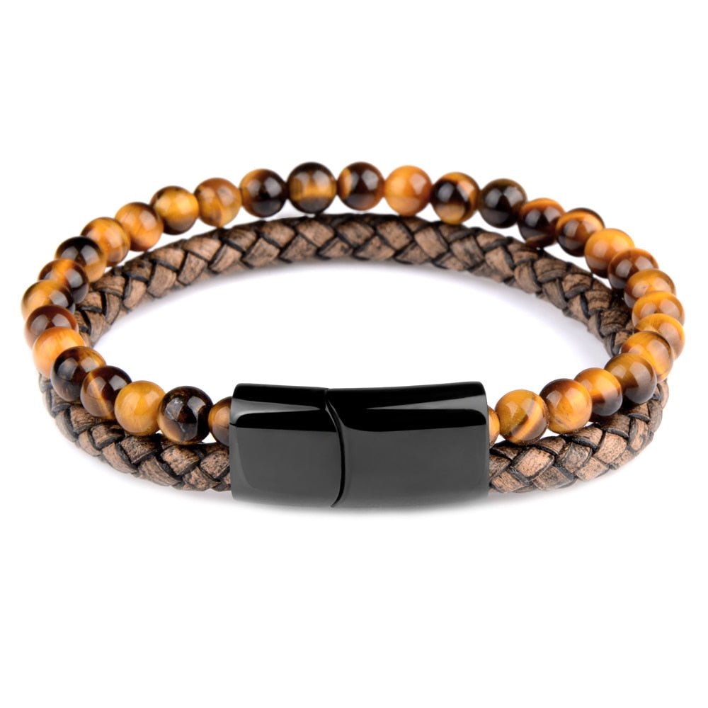 Natural Stone Bracelets Genuine Leather Braided Bracelets Black Stainless Steel Magnetic Clasp Tiger eye Bead Bangle Men Jewelry - Executive-Skincare