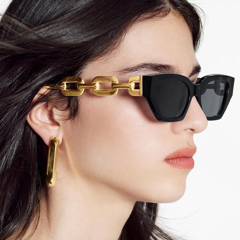 Vintage Cat Eye Sunglasses Women 2022 Trend New Fashion Small Metal Chain Sunglasses Elegant Eyeglasses Fashion Black Shades - Executive-Skincare