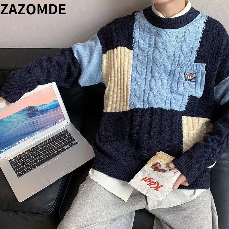 ZAZOMDE Winter Handsome Plaid Sweater Men Harajuku High Street Jumper Thick Warm Kintted Pullover Men Causal Patchwork Sweaters - Executive-Skincare