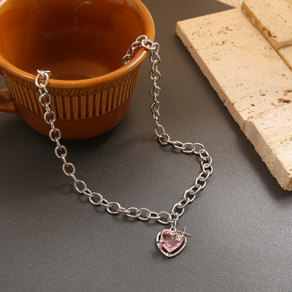 Korean Fashion Pink Heart Zircon Pendant Necklace for Women Charm Collar Chain Valentines Day Gift Wedding Party Jewelry Collare - Executive-Skincare