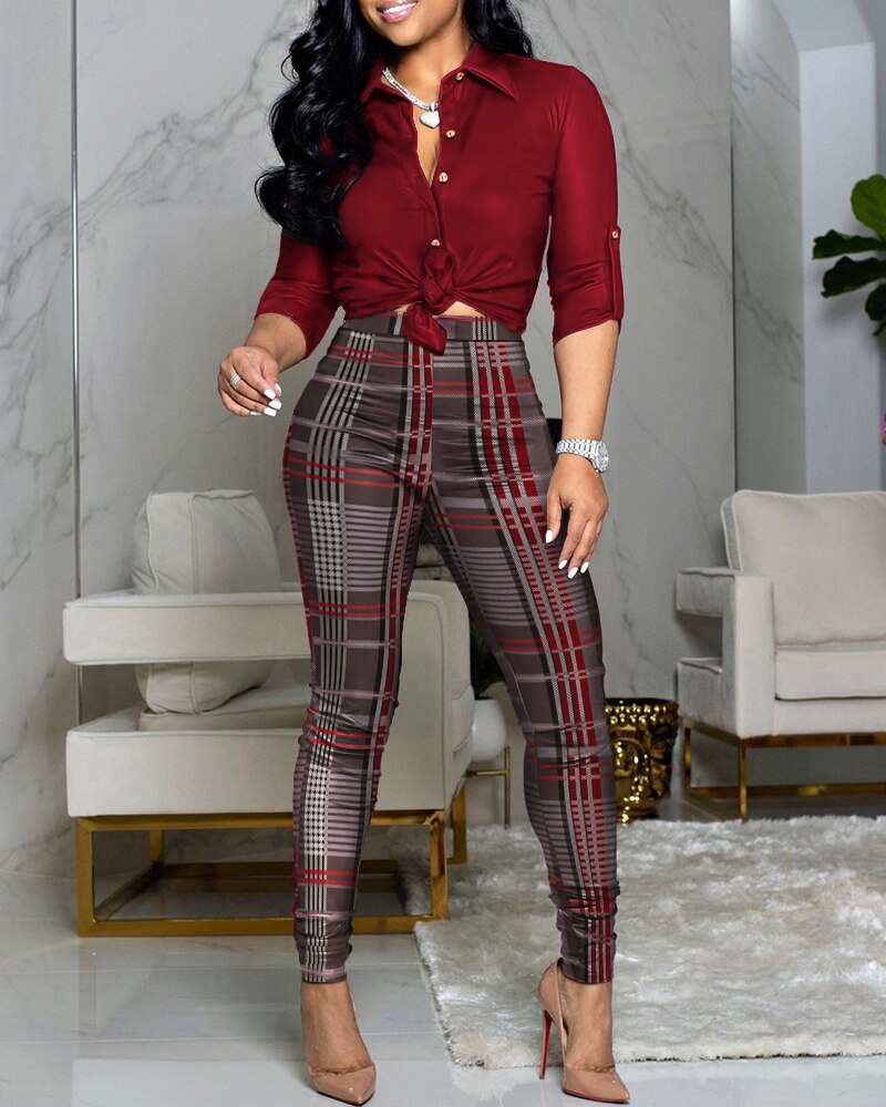 Autumn Women 2 Pieces Letter Print Buttoned Shirt &amp; High Waist Pants Set  2022 Femme Knot Front Overalls Office Lady Outfit Traf - Executive-Skincare