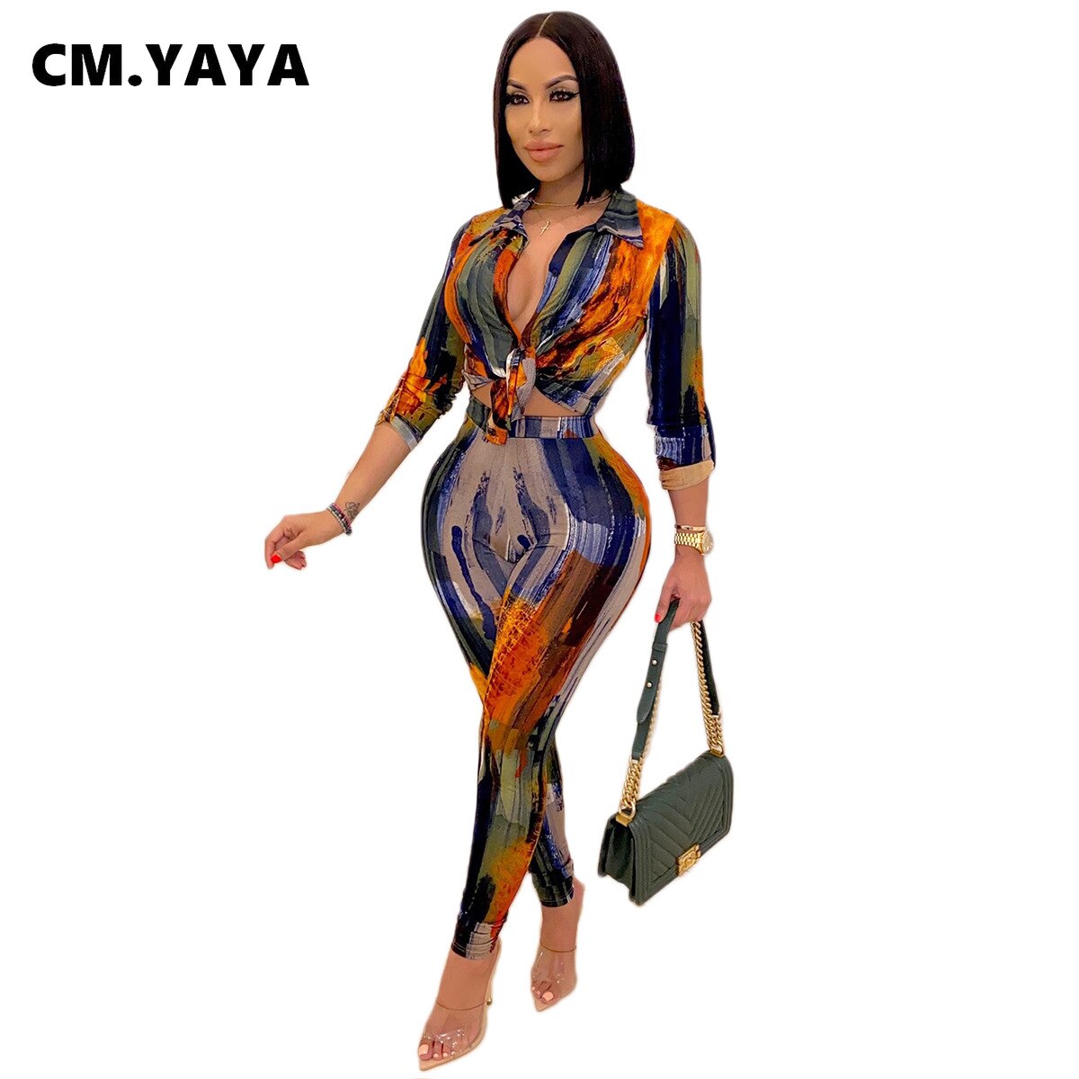 CM.YAYA Autumn Letter Leaf Print Women&#39;s Set Blouses Shirt Legging Pants Suit Active Wear Tracksuit Two Piece Set Fitness Outfit - Executive Quality Store