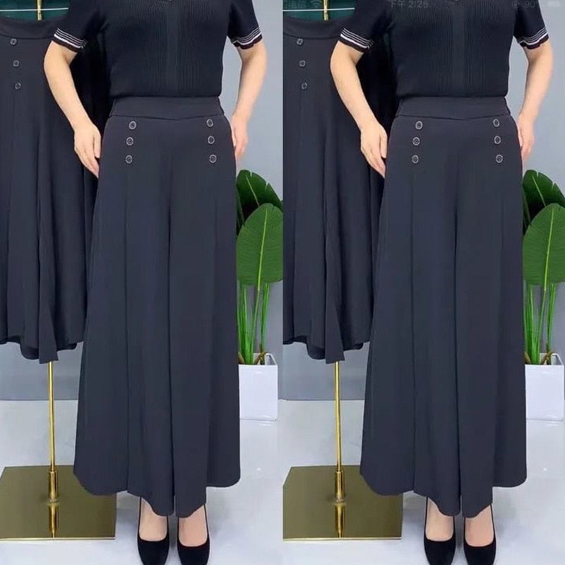 All-match Drape Button Solid Color Bigfoot Nine Point Jilt Trousers Female Summer Casual Pockets Loose Wide-legged Pants Skirt - Executive Quality Store