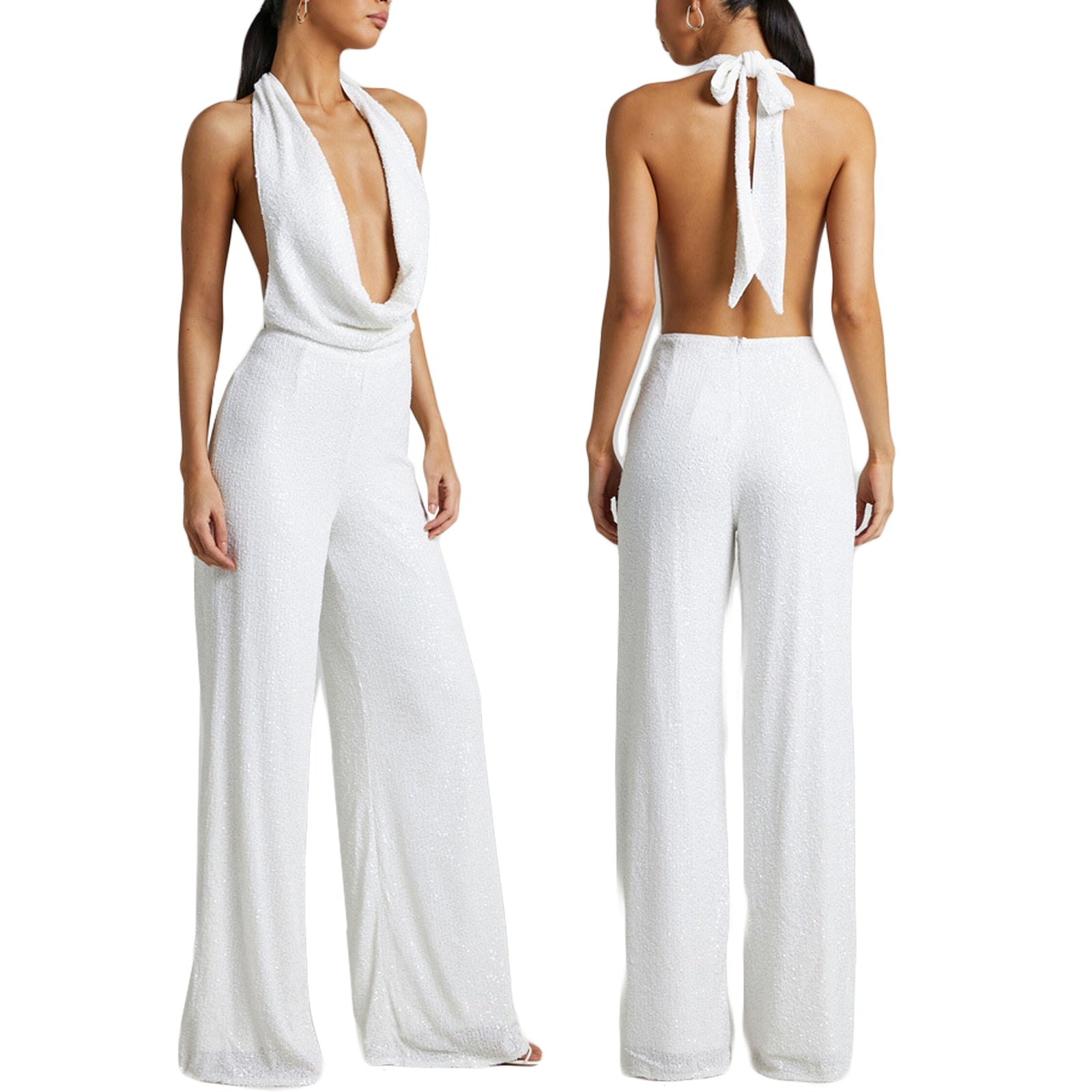 2023 Summer Women Sleeveless Romper Sexy Hanging Neck Low Cut Neckline Backless Bandage Solid Color Casual Party White Jumpsuits - Executive Quality Store