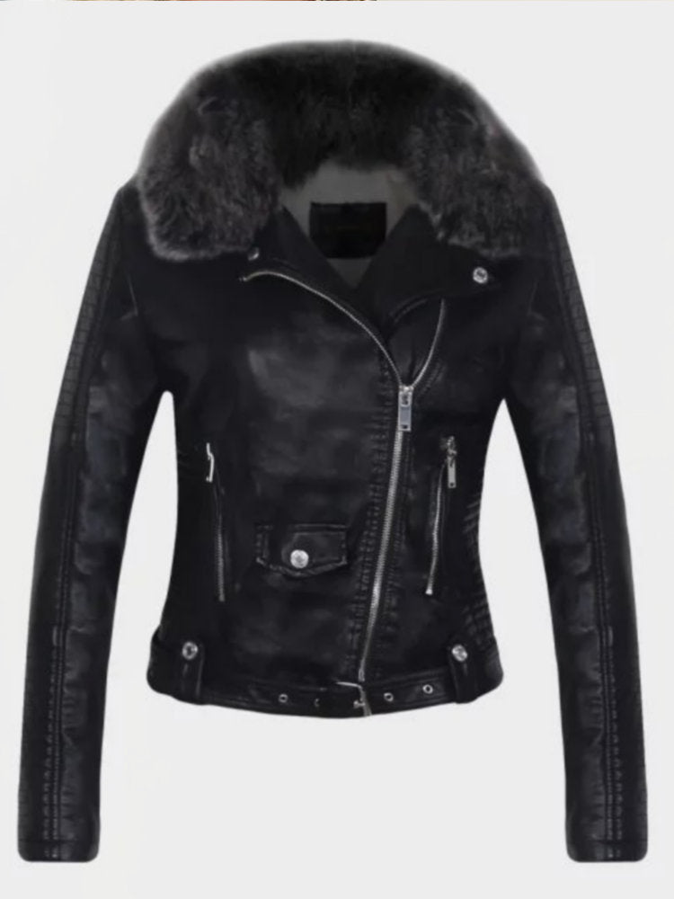 2023 Hot Fashion Women Winter Warm Faux Leather Jackets with Fur Collar Belt Lady Black Pink Motorcycle Biker Outerwear Coats - Executive-Skincare