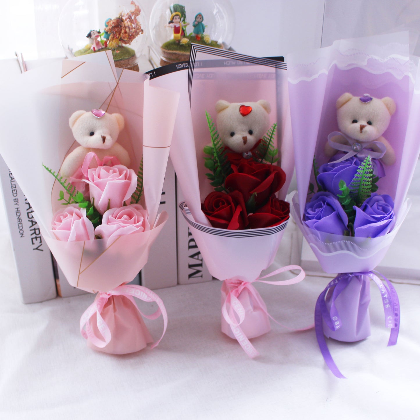 Promotion  3 colors Doll Teddy Bear with Soap Flower Gift Box Valentine child Gift Wedding Decoration Gifts - Executive-Skincare