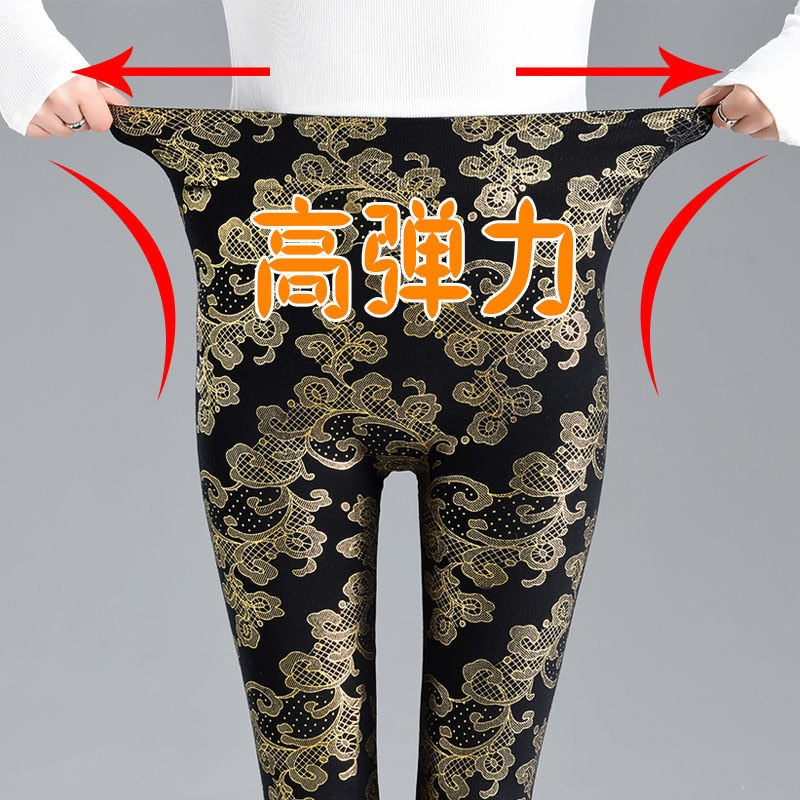 Autumn Winter Sequin Floral Women&#39;s Glitter Warm Velvet Leggings Pants High Waist Elastic Black Bottoms Pencil Trousers - Executive-Skincare