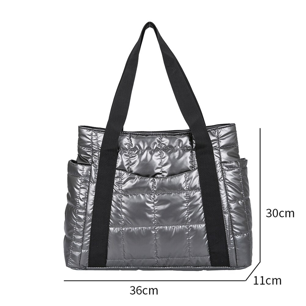 Autumn Winter Nylon Women Large Capacity Handbags Casual Quilted Lattice Shoulder Bags Female Solid Color Shopping Bags Tote - Executive-Skincare