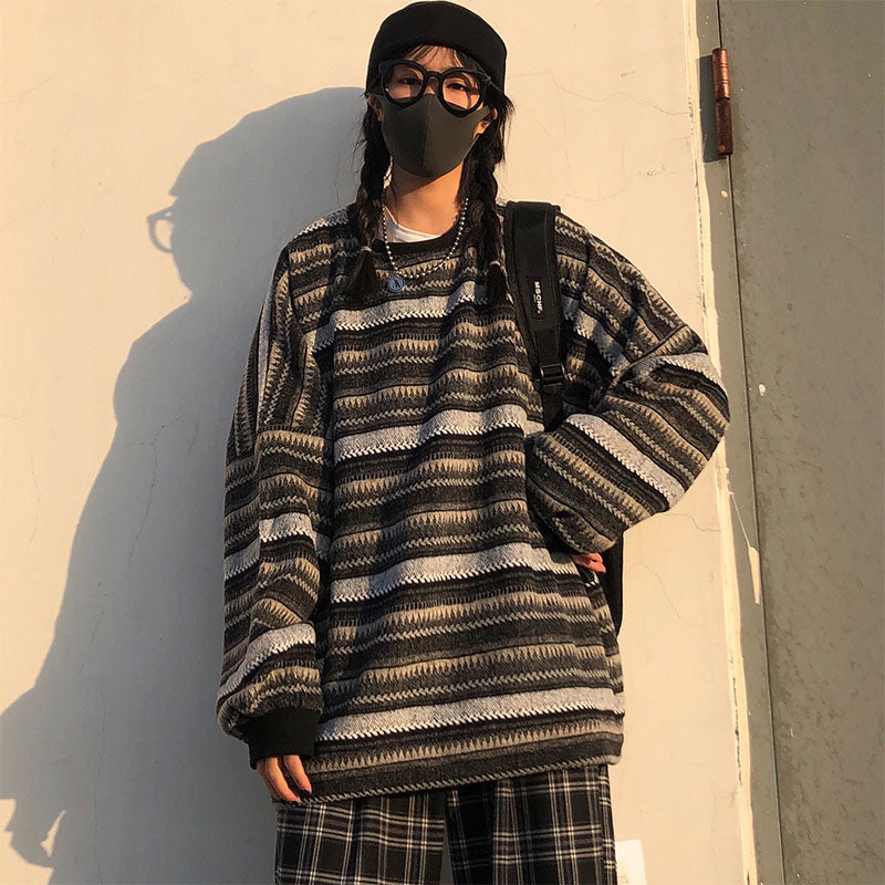 Unisex Women Striped Knit Sweater Spring Autumn Retro Hip Hop Pullovers Tops Female Oversize Ulzzang BF Couples Japanese - Executive-Skincare