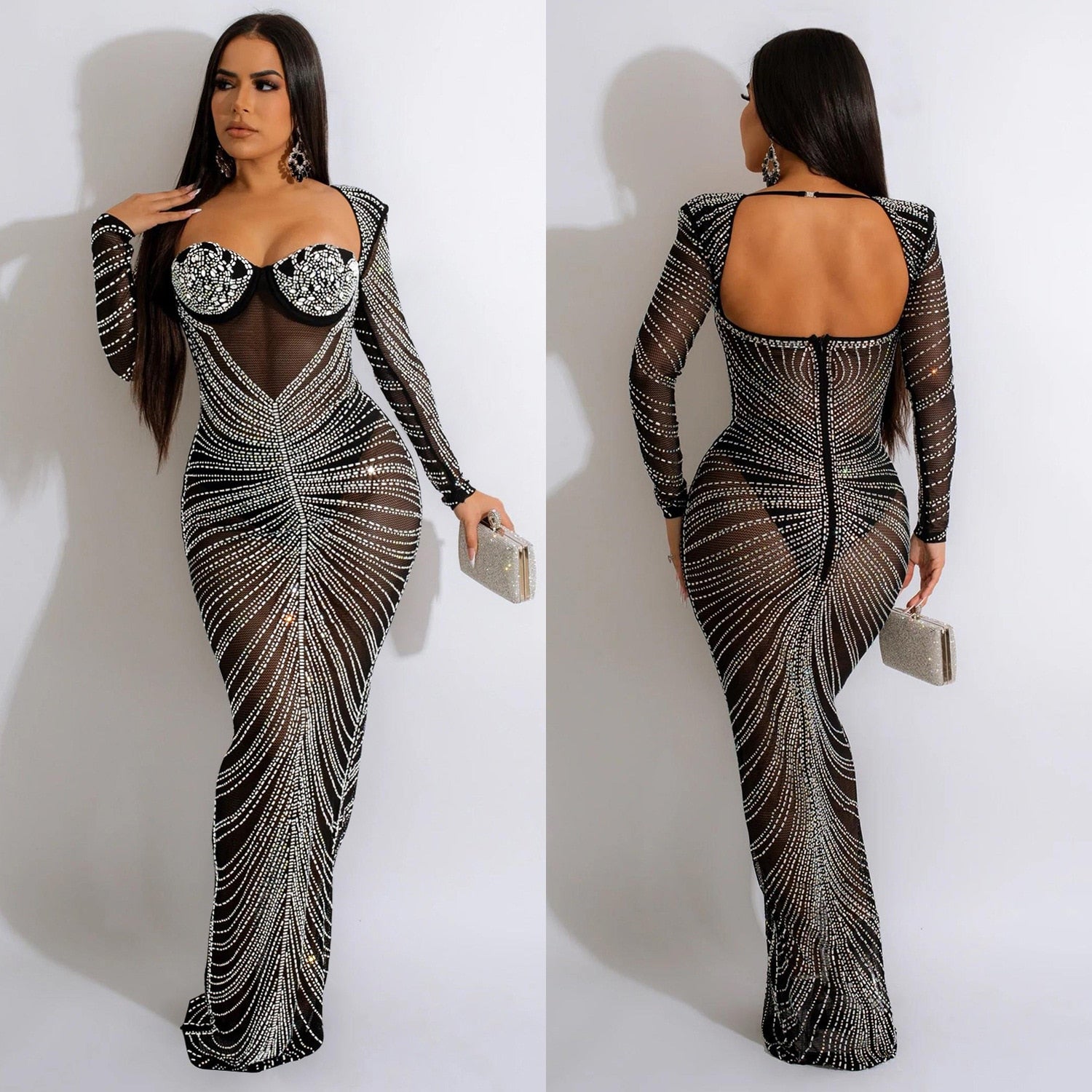 Diamonds Sheer Mesh Maxi Party Dress Women Strapless Backless Long Sleeve Bodycon Long Clubwear Robe Female Birthday Gifts - Executive-Skincare