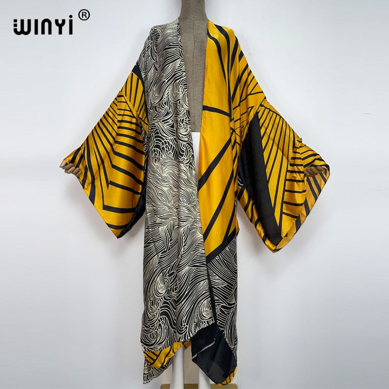 2022 WINYI Summer holiday Beach Wear Cover up sweet lady boho Cardigan stitch colorful sexy Holiday long Sleeve Kimono kaftan - Executive-Skincare