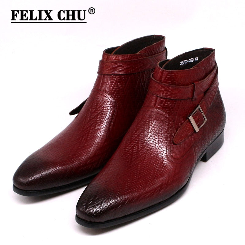 Handmade Men Ankle Boots Felix Chu Genuine Leather Mens Motorcycle Boots Black Red Buckle Strap High Top Dress Shoes for Men - Executive-Skincare