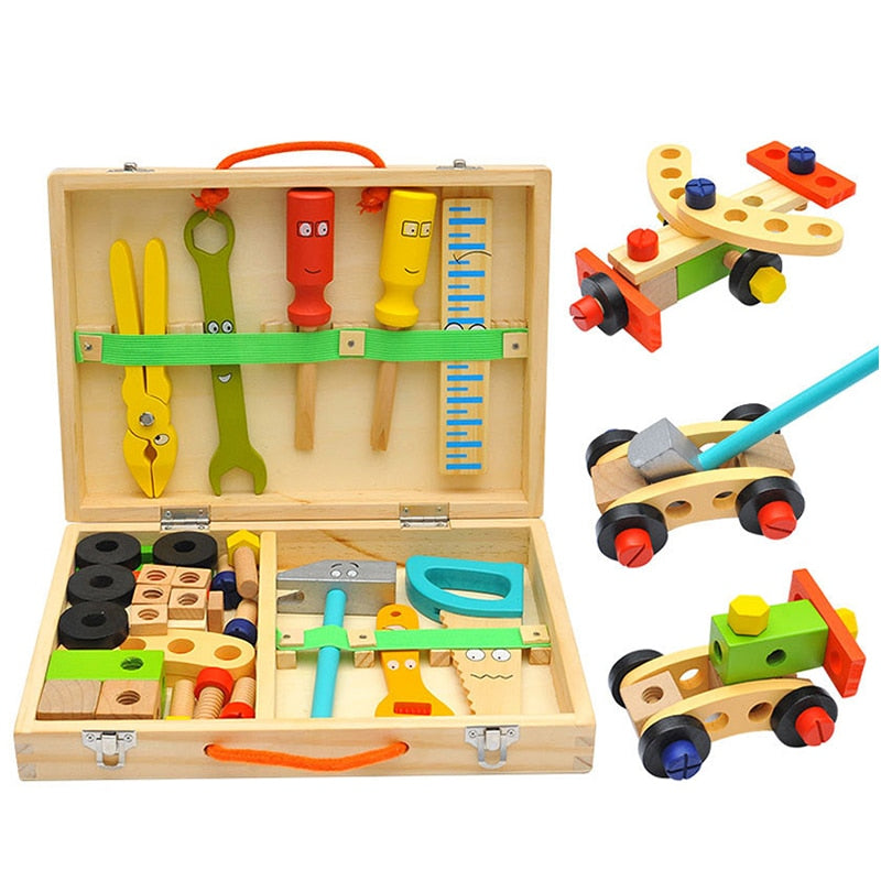 Wooden Toolbox Pretend Play Set Montessori Children Toy For Boys Nut Disassembly Screw Assembly Simulation Repair Carpenter Tool - Executive-Skincare