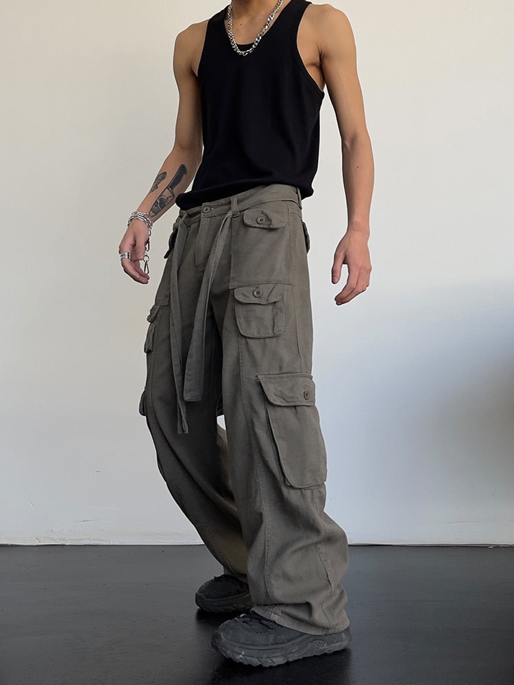 High street retro casual large pocket overalls men&#39;s and women&#39;s new summer high waist loose straight tube draped wide leg pants - Executive-Skincare