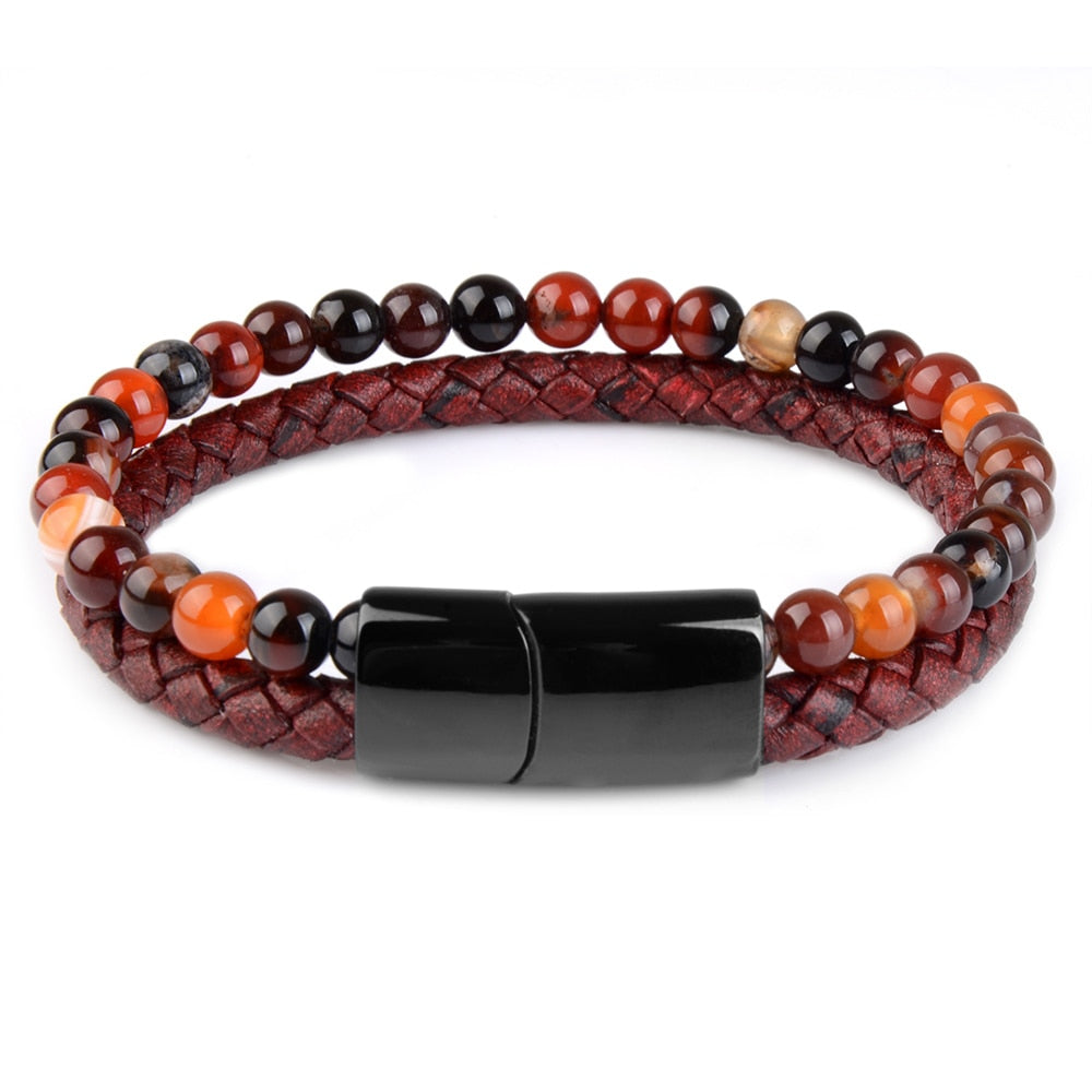 Natural Stone Bracelets Genuine Leather Braided Bracelets Black Stainless Steel Magnetic Clasp Tiger eye Bead Bangle Men Jewelry - Executive-Skincare